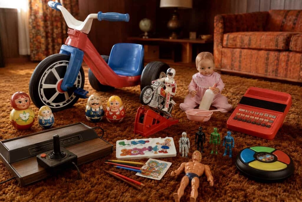 Popular 70s toys arranged on a vintage living room carpet