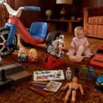 Popular 70s toys arranged on a vintage living room carpet