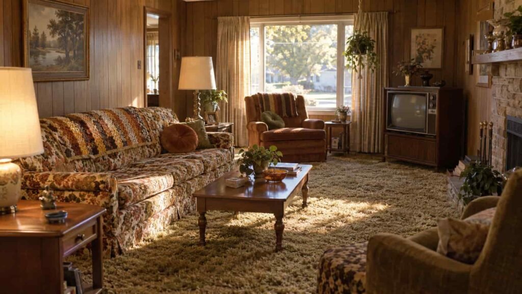 Typical American living room with 1970s decor