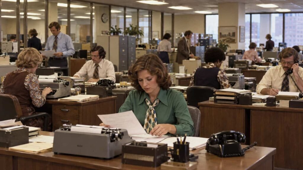 Office workers using typewriters in the 1970s