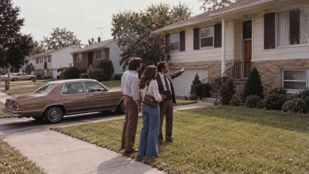 Young couple looking at a house for sale in the late 1970s