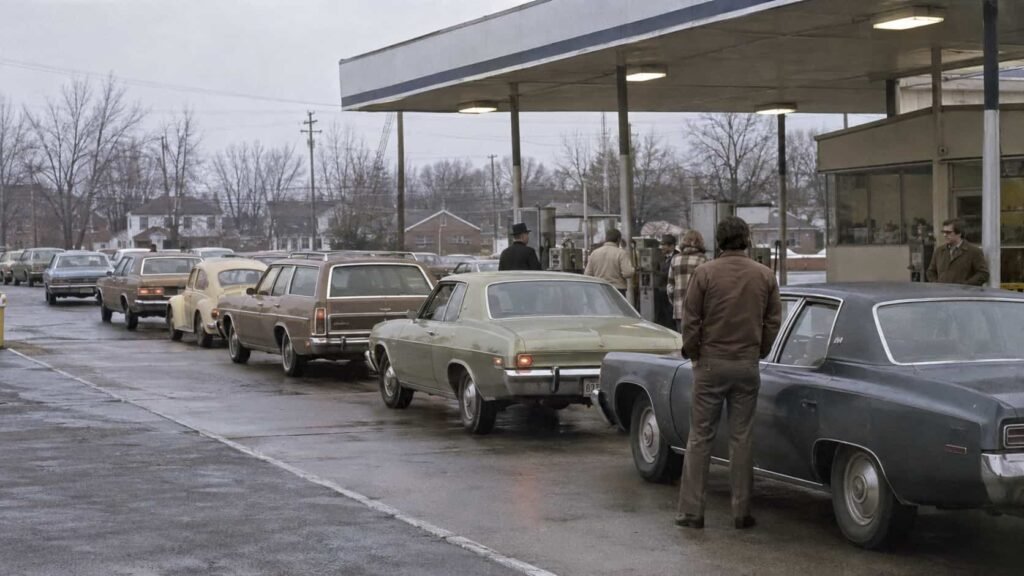 Cars lined up at an American gas station during the 1970s oil crisis