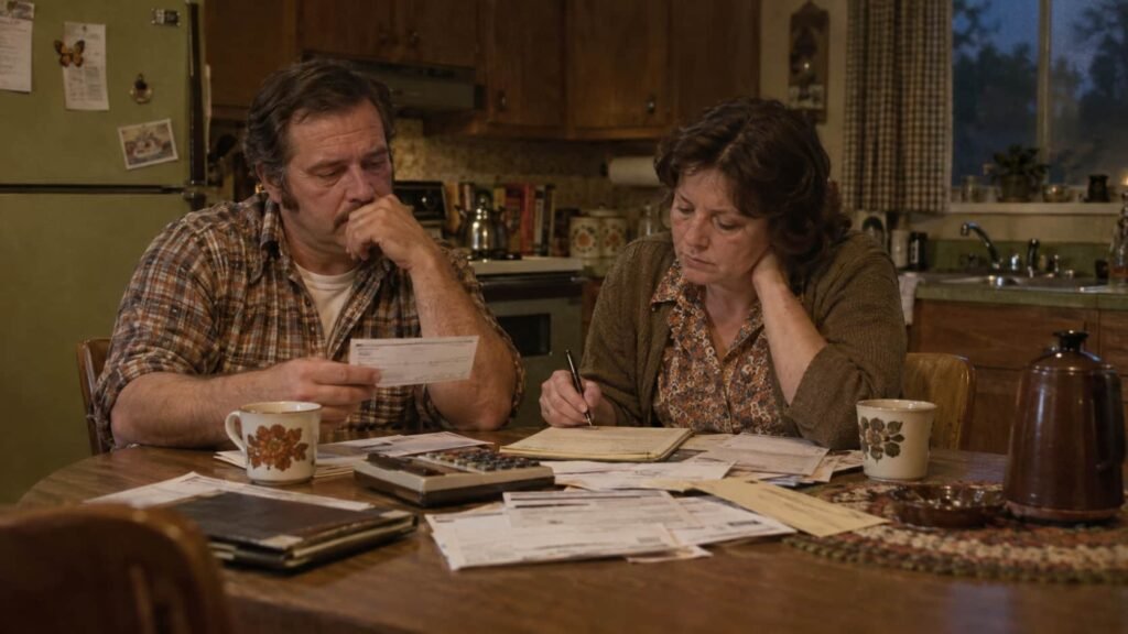 1970s worker looking at a paycheck at the kitchen table