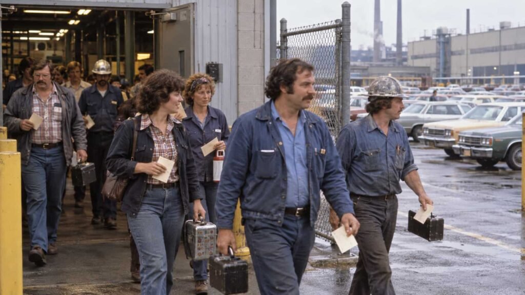 American workers leaving a factory on payday in the 1970s