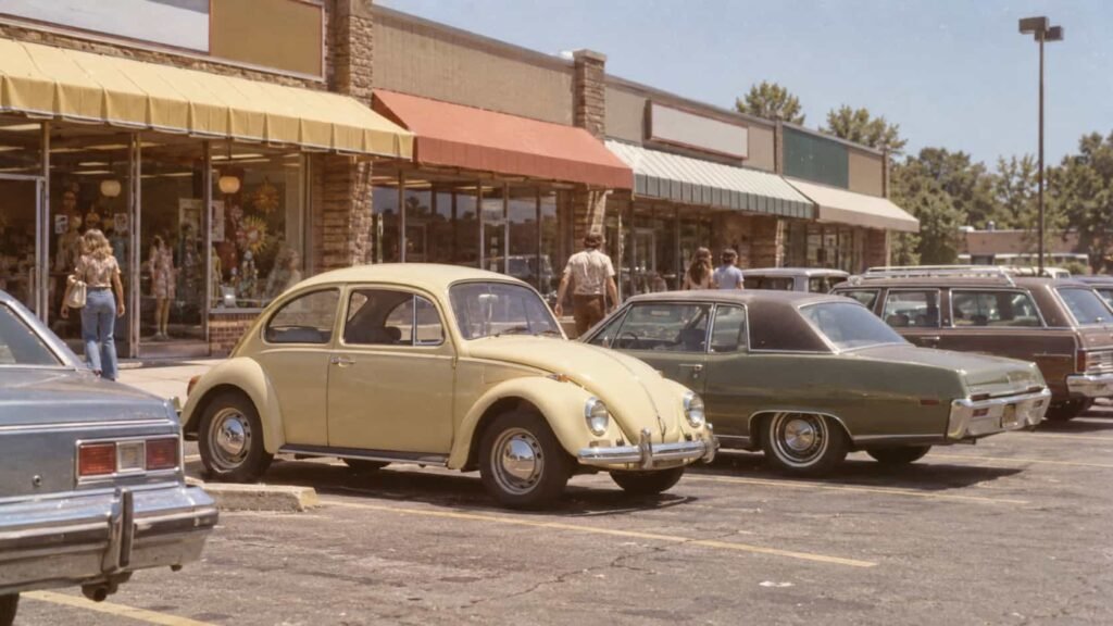 Compact Volkswagen-style car on an American street in 1975