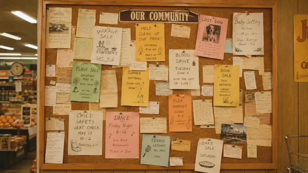 A 1970s community bulletin board with local notices and flyers