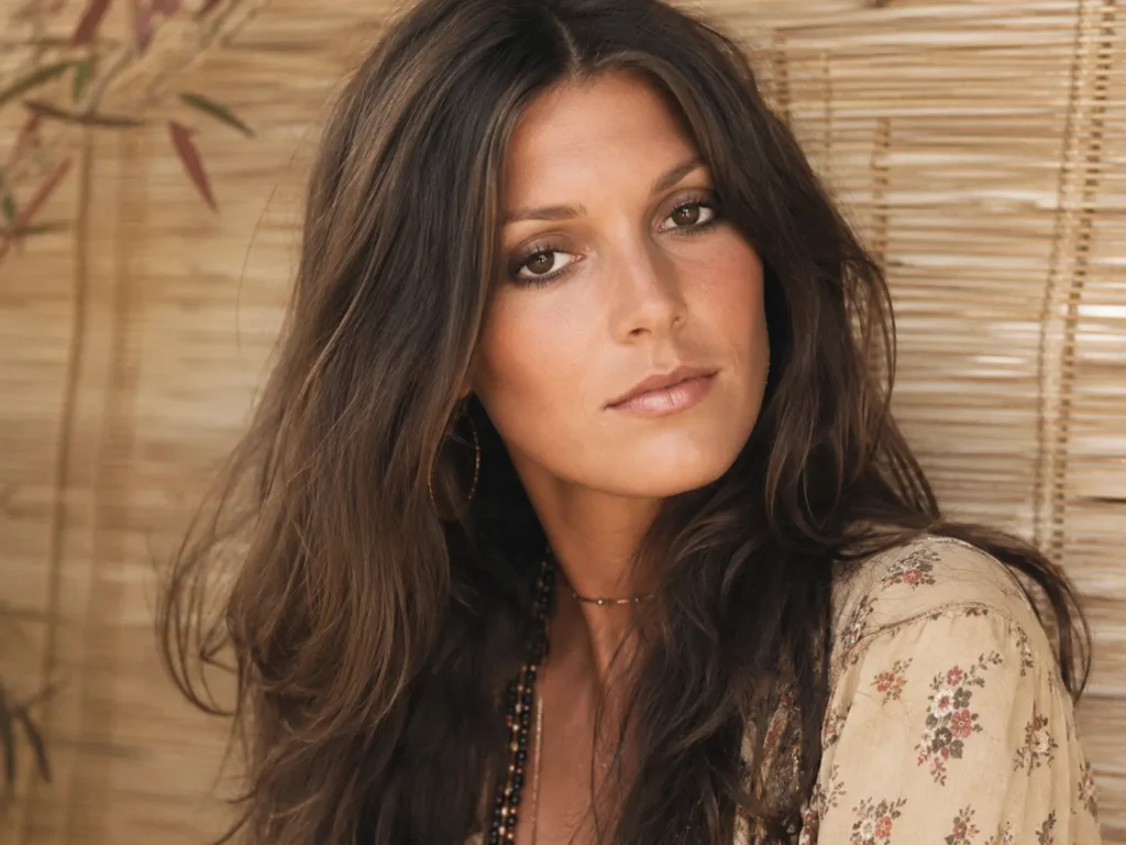 Woman wearing earthy 1970s makeup with bronze skin