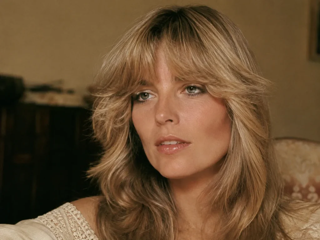 Woman wearing glossy lips and fresh natural makeup in the 1970s