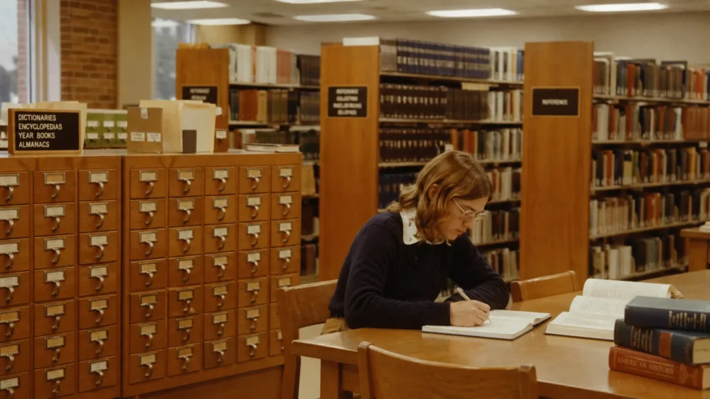 A 1970s library card catalog with reference books in the background