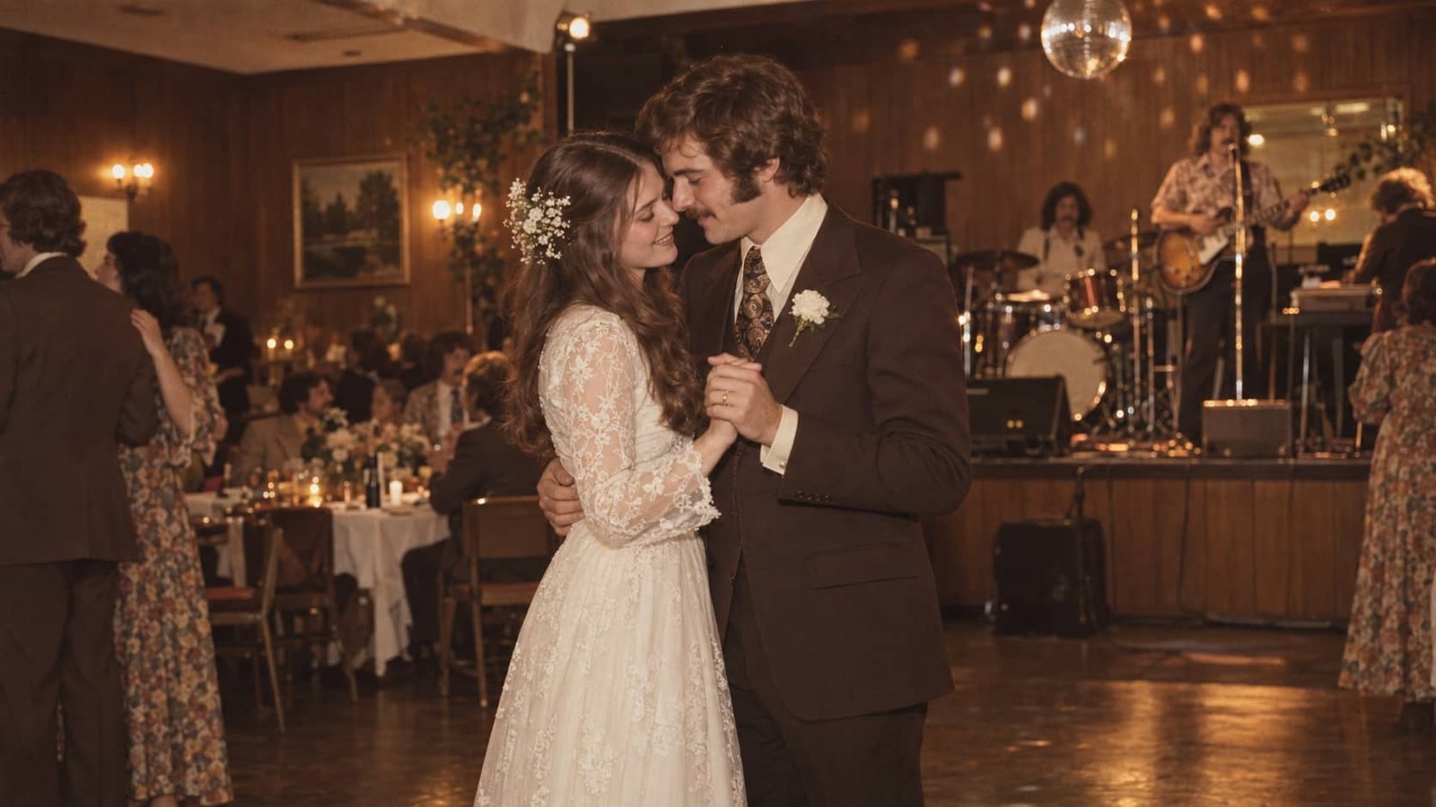 Couple slow dancing at a 1970s-style wedding reception under warm amber lights.