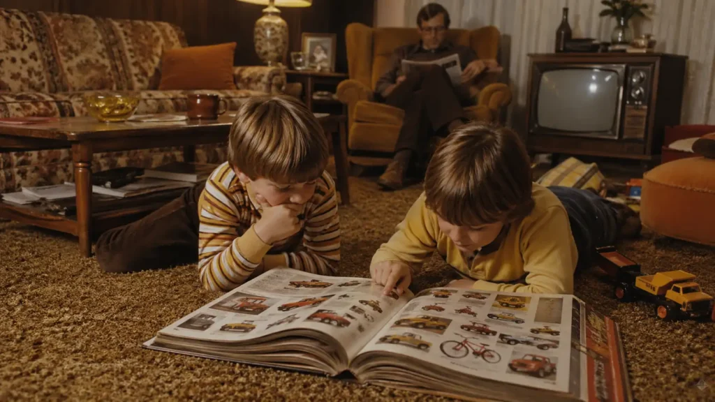 Children looking through a mail-order catalog in a 1970s living room