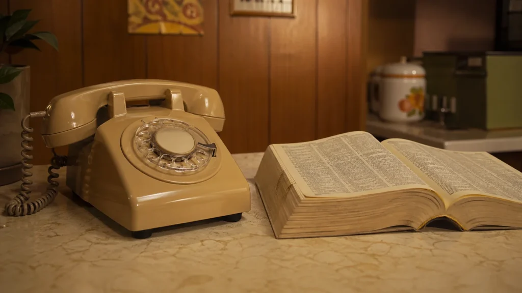 A rotary phone beside an open 1970s phone book
