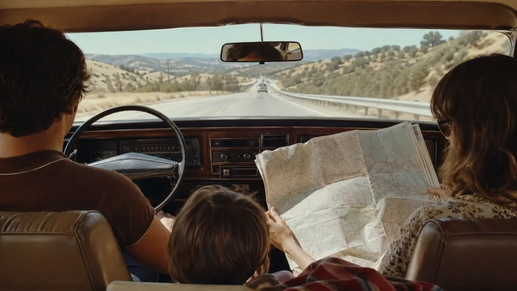 A passenger reading a paper map during a 1970s road trip