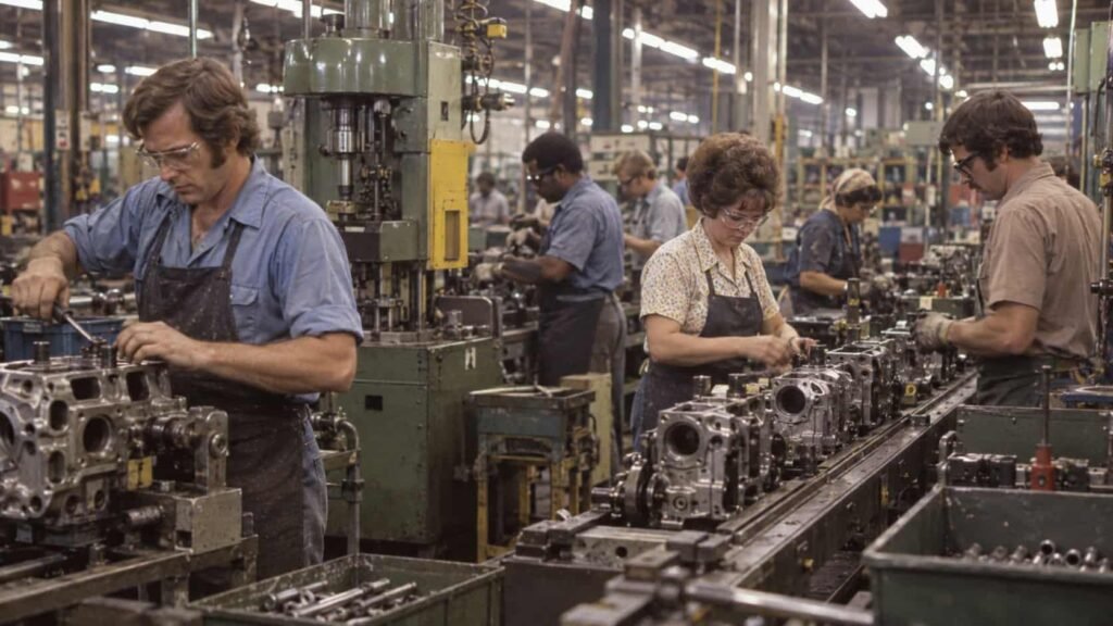 American factory workers on the job in the 1970s