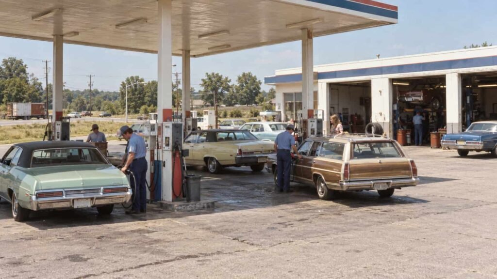 American gas station and large cars in 1971