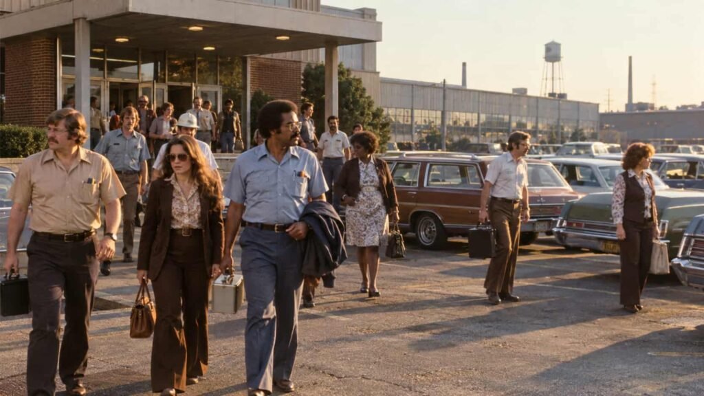 American workers leaving work in the 1970s