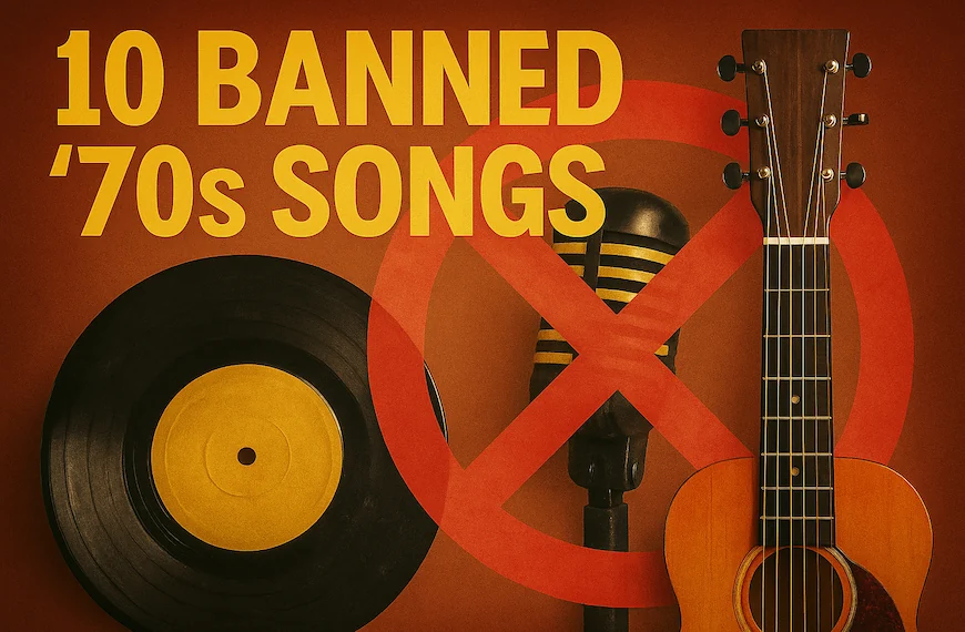 Banner for 10 Banned 70s Songs showing vinyl, crossed-out mic, and guitar.