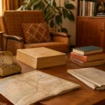 A 1970s table with a phone book, rotary phone, newspaper, paper map and catalogs