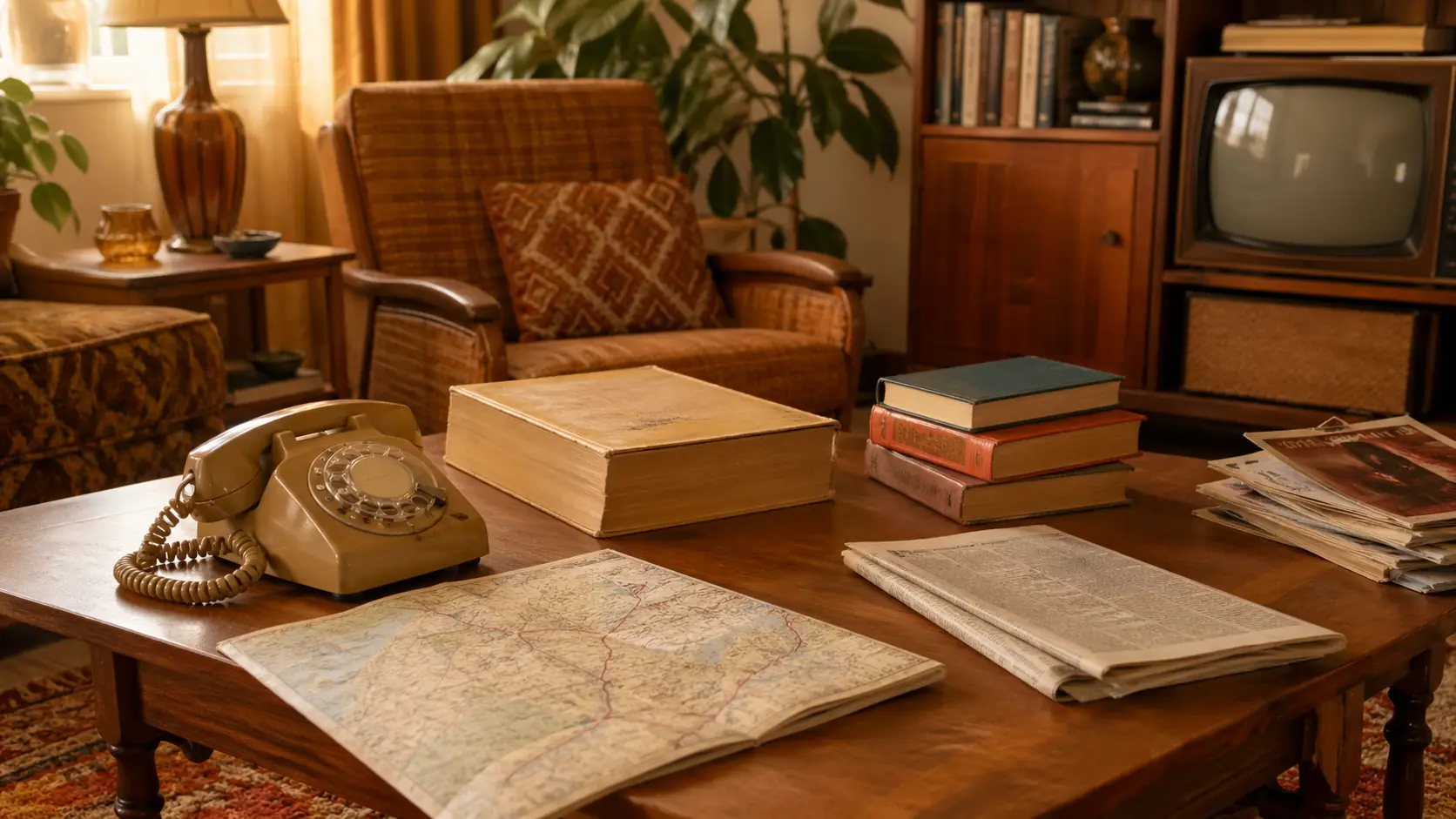 A 1970s table with a phone book, rotary phone, newspaper, paper map and catalogs