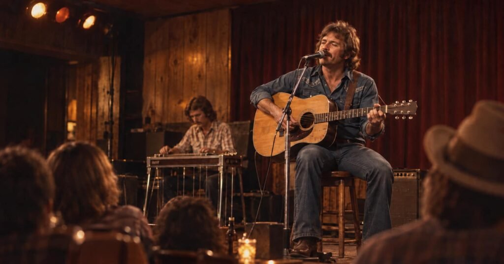 Country musicians performing on a small, warmly lit 1970s-inspired wooden stage.