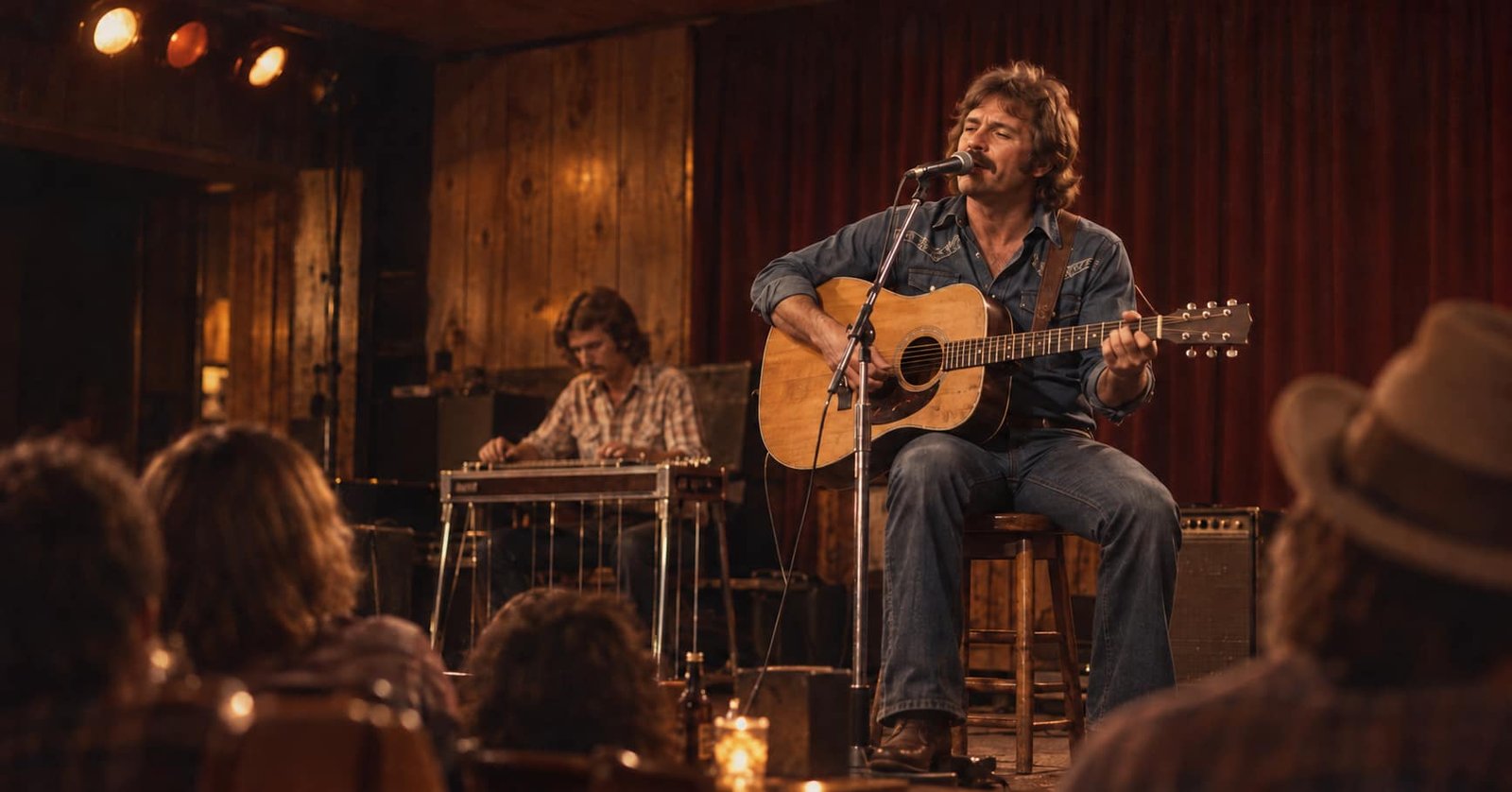 Country musicians performing on a small, warmly lit 1970s-inspired wooden stage.