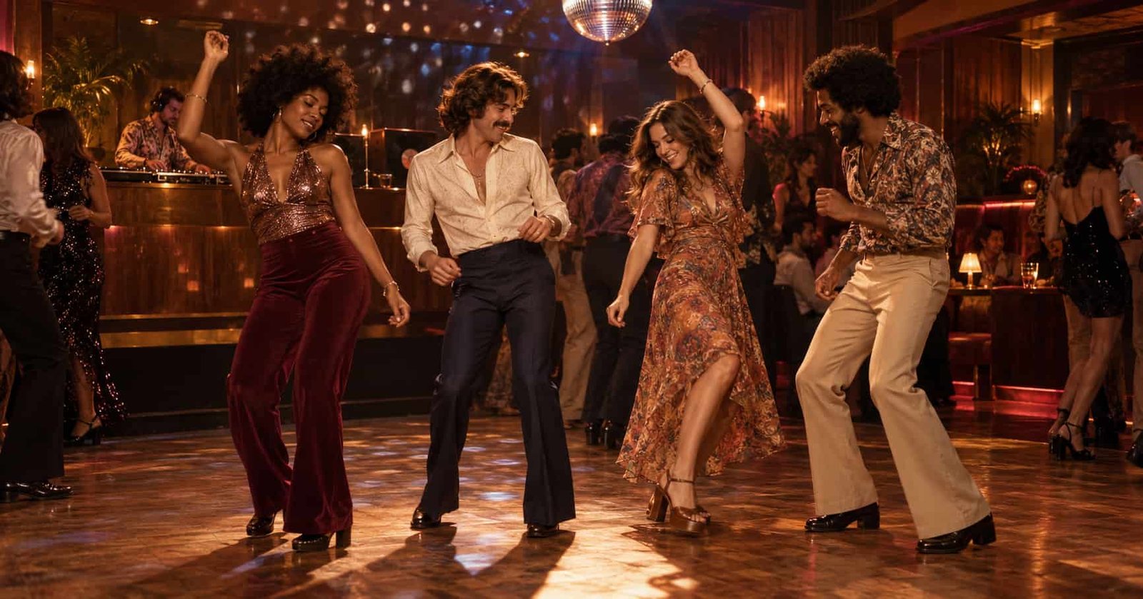 People dancing beneath a mirror ball on a 1970s-inspired disco floor.