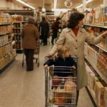 A nostalgic 1970s supermarket aisle with colorful boxes, glass bottles and metal shopping carts