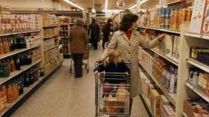 A nostalgic 1970s supermarket aisle with colorful boxes, glass bottles and metal shopping carts