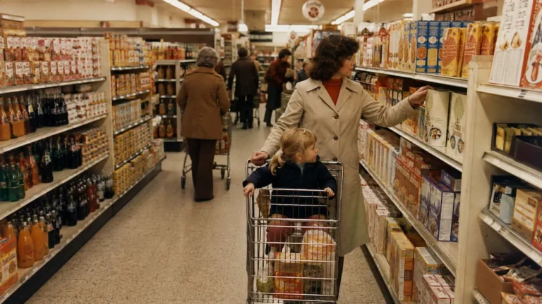 A nostalgic 1970s supermarket aisle with colorful boxes, glass bottles and metal shopping carts