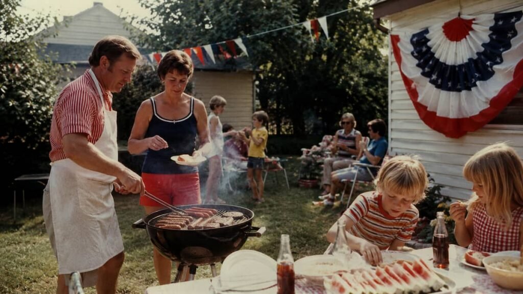 1970s Fourth of July backyard barbecue with family, flags and summer food