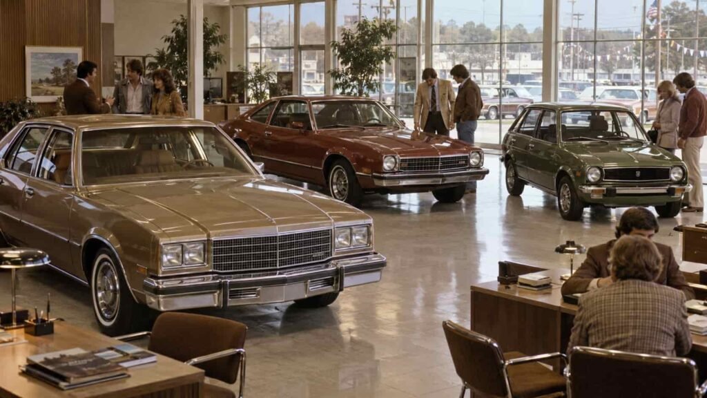 New cars inside an American dealership in the late 1970s