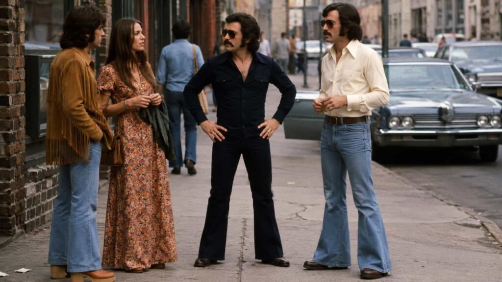 Group of adults wearing popular 1970s fashion