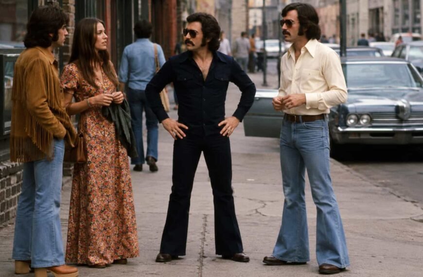 Group of adults wearing popular 1970s fashion