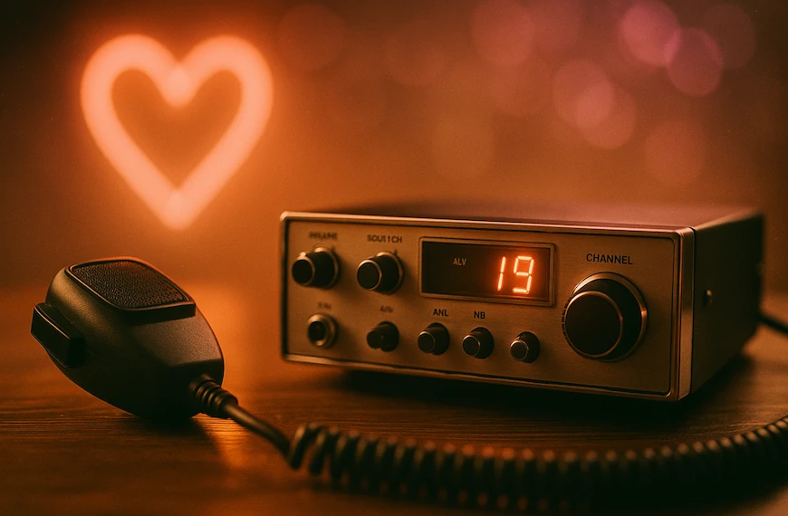 Vintage 1970s CB radio tuned to Channel 19, microphone coiled on a wooden dash, with a soft-focus neon heart glowing behind it, evoking anonymous 70s radio romance.