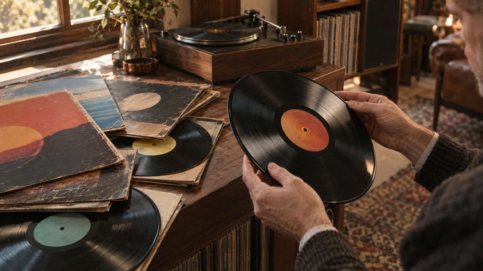 Collection of rare 1970s vinyl records beside a vintage turntable